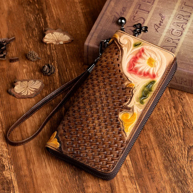Handmade Flowers Black Leather Wristlet Wallet Womens Floral Zip Around Wallets Flowers Ladies Zipper Clutch Wallet for Women