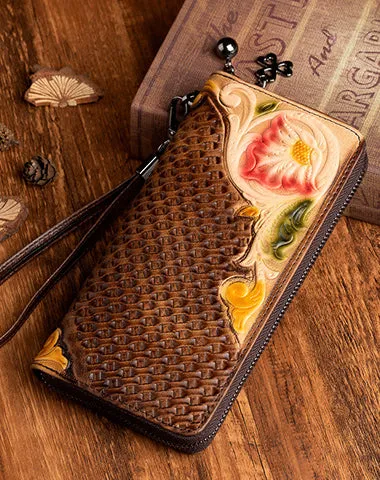 Handmade Flowers Black Leather Wristlet Wallet Womens Floral Zip Around Wallets Flowers Ladies Zipper Clutch Wallet for Women