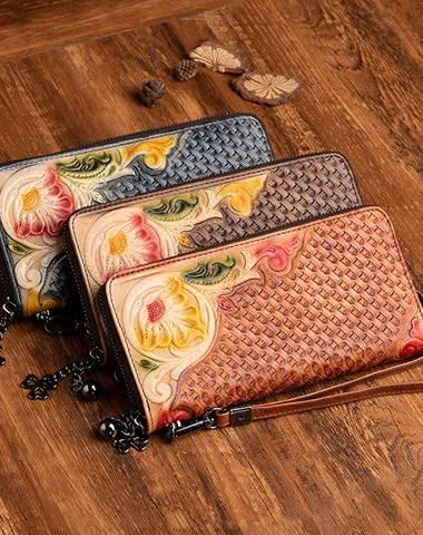 Handmade Flowers Black Leather Wristlet Wallet Womens Floral Zip Around Wallets Flowers Ladies Zipper Clutch Wallet for Women