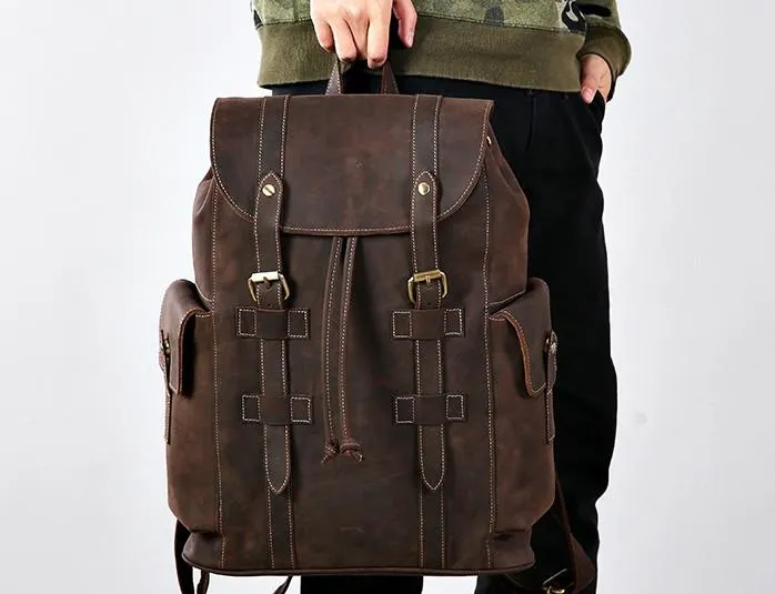 Handmade Genuine Leather Brown Mens Cool Backpack Large Travel Bag Hiking Bag for Men