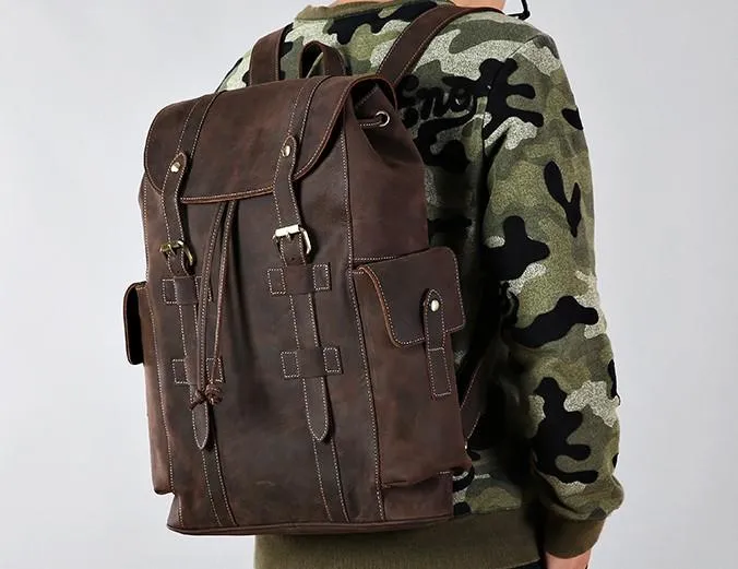 Handmade Genuine Leather Brown Mens Cool Backpack Large Travel Bag Hiking Bag for Men