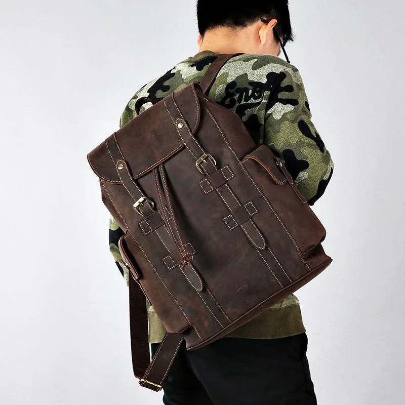 Handmade Genuine Leather Brown Mens Cool Backpack Large Travel Bag Hiking Bag for Men