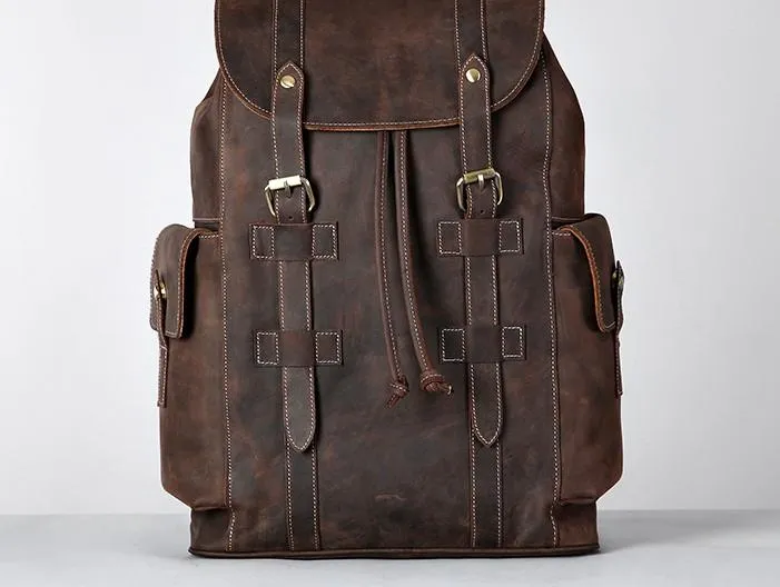 Handmade Genuine Leather Brown Mens Cool Backpack Large Travel Bag Hiking Bag for Men