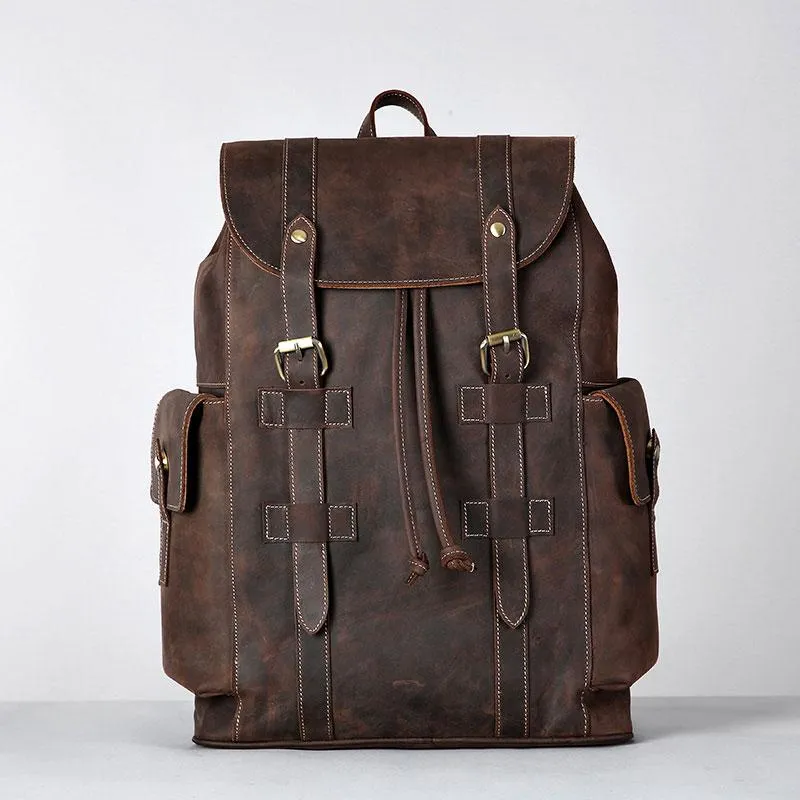 Handmade Genuine Leather Brown Mens Cool Backpack Large Travel Bag Hiking Bag for Men