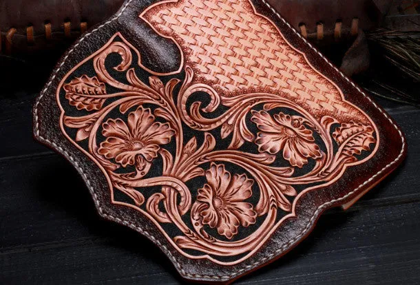 Handmade leather Beige Black floral wallet leather women men Long Wallet clutch Tooled wallet