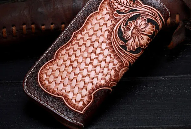 Handmade leather Beige Black floral wallet leather women men Long Wallet clutch Tooled wallet