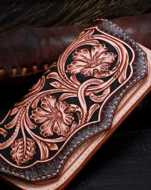 Handmade leather Beige Black floral wallet leather women men Long Wallet clutch Tooled wallet
