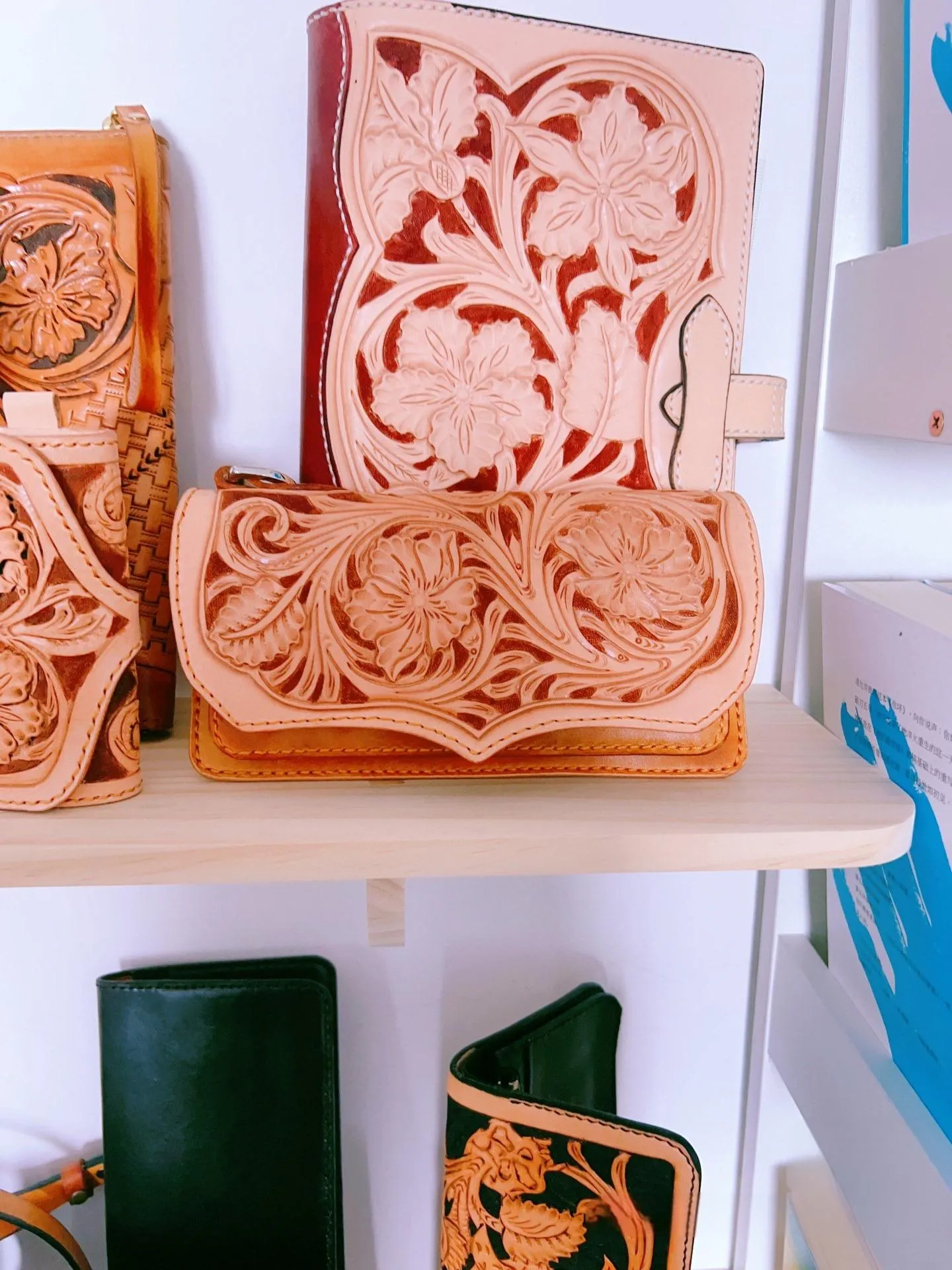 Handmade leather Beige Black floral wallet leather women men Long Wallet clutch Tooled wallet