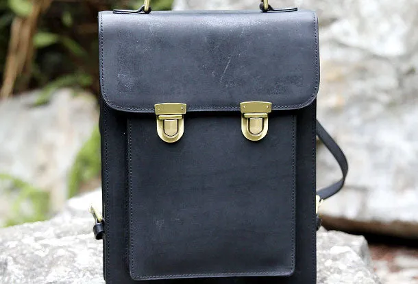Handmade Leather cute black backpack bag shoulder bag handbag women leather purse