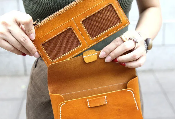 Handmade leather detachable clutch purse long wallet purse clutch women
