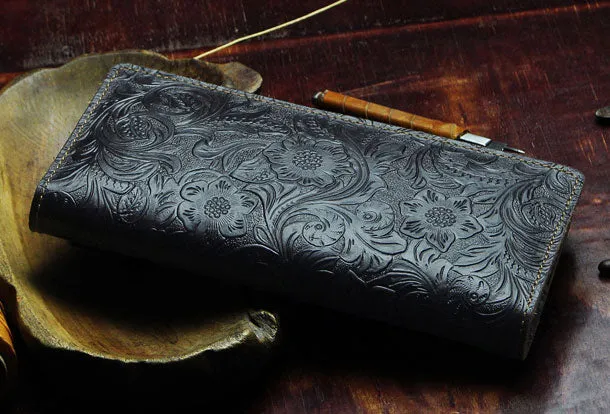 Handmade Long Leather Wallet Bifold Floral Leather Clutch Wallet For Men Women