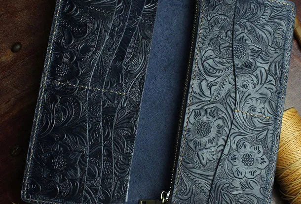 Handmade Long Leather Wallet Bifold Floral Leather Clutch Wallet For Men Women
