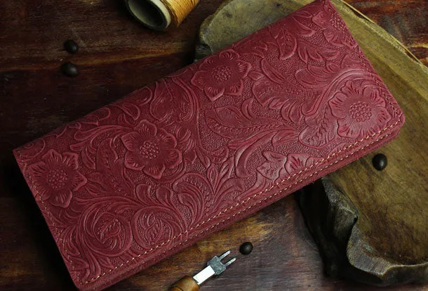 Handmade Long Leather Wallet Bifold Floral Leather Clutch Wallet For Men Women