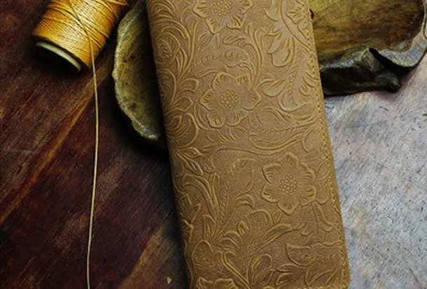 Handmade Long Leather Wallet Bifold Floral Leather Clutch Wallet For Men Women