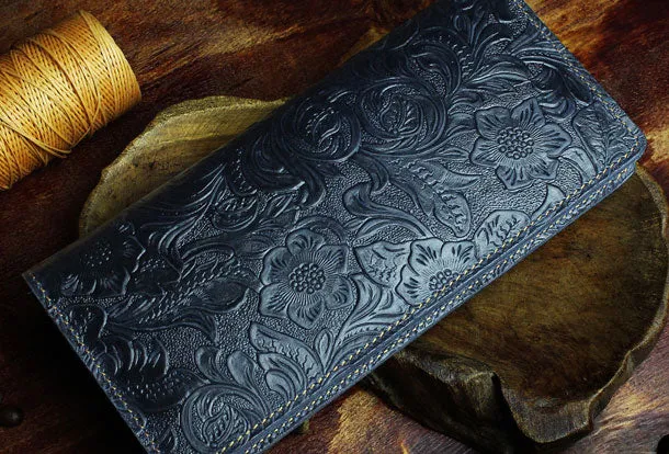 Handmade Long Leather Wallet Bifold Floral Leather Clutch Wallet For Men Women