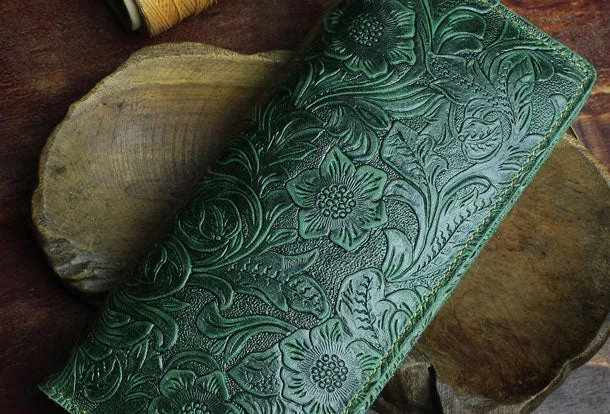 Handmade Long Leather Wallet Bifold Floral Leather Clutch Wallet For Men Women