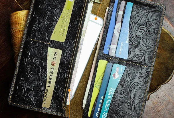 Handmade Long Leather Wallet Bifold Floral Leather Clutch Wallet For Men Women