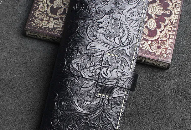 Handmade long leather wallet floral leather clutch wallet for women men zip