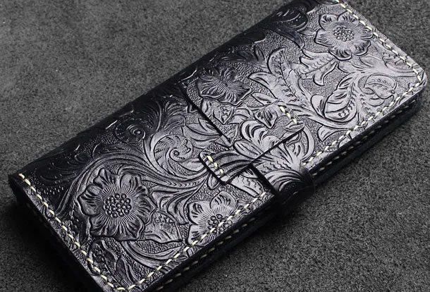 Handmade long leather wallet floral leather clutch wallet for women men zip