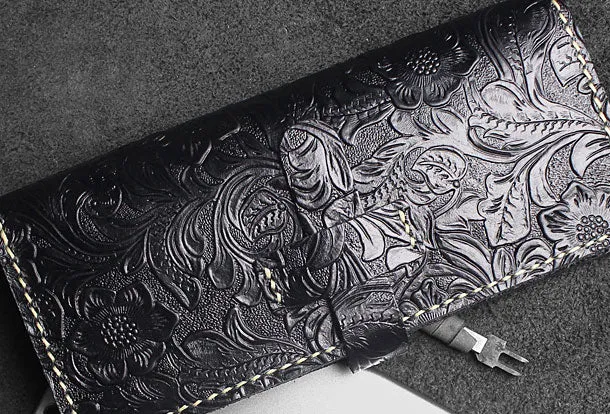 Handmade long leather wallet floral leather clutch wallet for women men zip