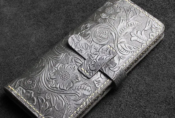 Handmade long leather wallet floral leather clutch wallet for women men zip