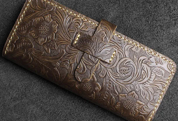 Handmade long leather wallet floral leather clutch wallet for women men zip