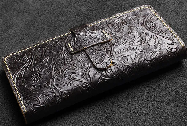 Handmade long leather wallet floral leather clutch wallet for women men zip