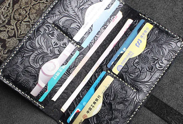 Handmade long leather wallet floral leather clutch wallet for women men zip