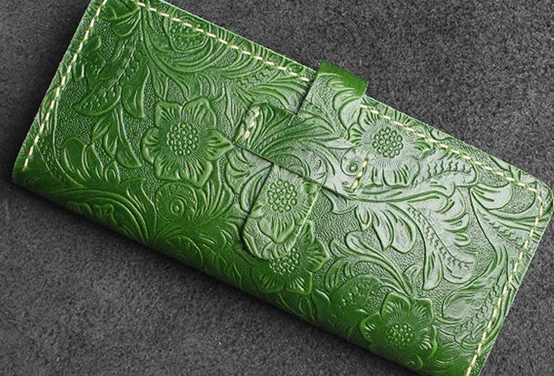 Handmade long leather wallet floral leather clutch wallet for women men zip