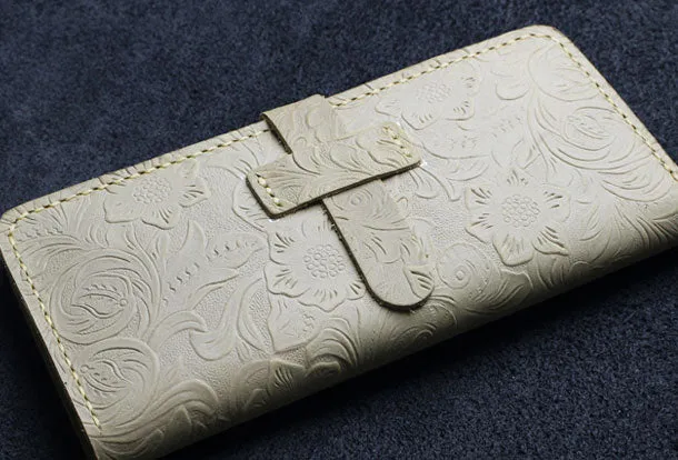 Handmade long leather wallet floral leather clutch wallet for women men zip