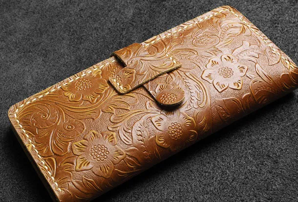 Handmade long leather wallet floral leather clutch wallet for women men zip
