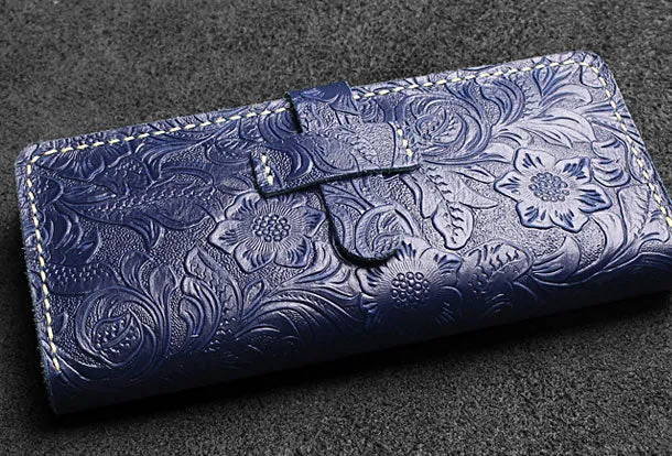 Handmade long leather wallet floral leather clutch wallet for women men zip
