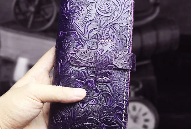 Handmade long leather wallet floral leather clutch wallet for women men zip