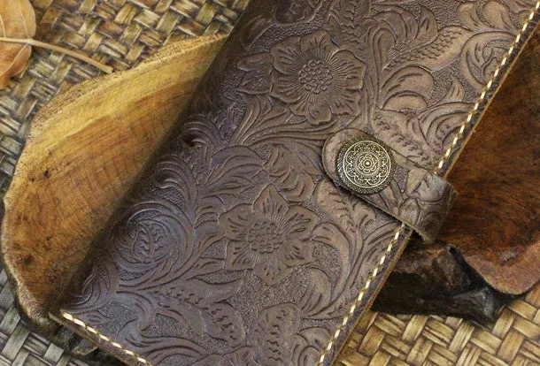 Handmade long leather wallet flowral leather clutch wallet for men women