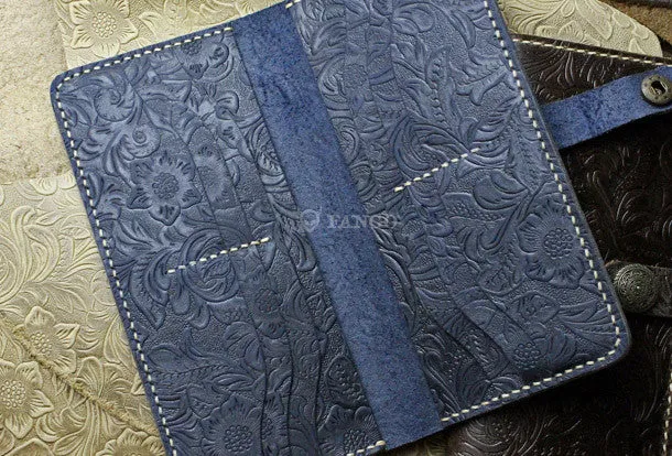 Handmade long leather wallet flowral leather clutch wallet for men women