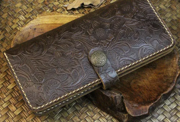 Handmade long leather wallet flowral leather clutch wallet for men women