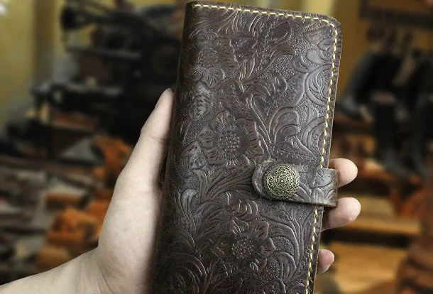 Handmade long leather wallet flowral leather clutch wallet for men women