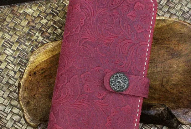 Handmade long leather wallet flowral leather clutch wallet for men women
