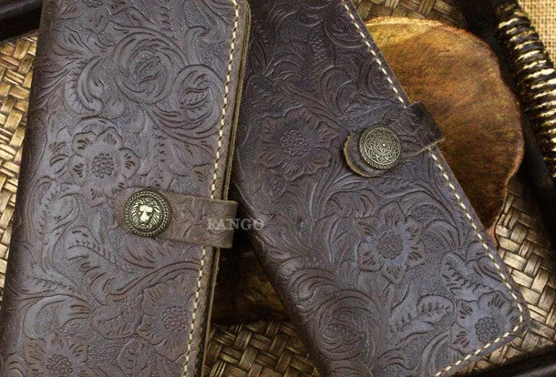 Handmade long leather wallet flowral leather clutch wallet for men women