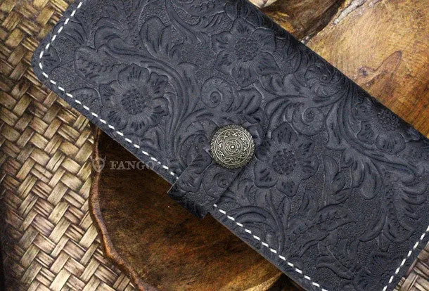 Handmade long leather wallet flowral leather clutch wallet for men women