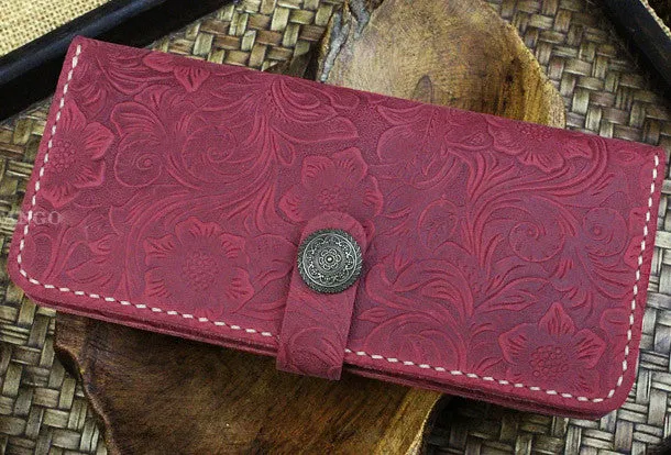 Handmade long leather wallet flowral leather clutch wallet for men women