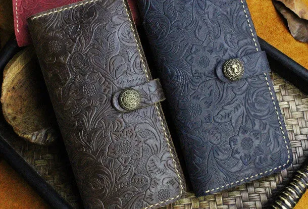 Handmade long leather wallet flowral leather clutch wallet for men women