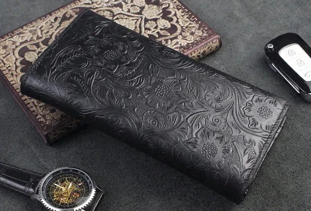 Handmade long leather wallet trifold flowral leather clutch wallet for men women