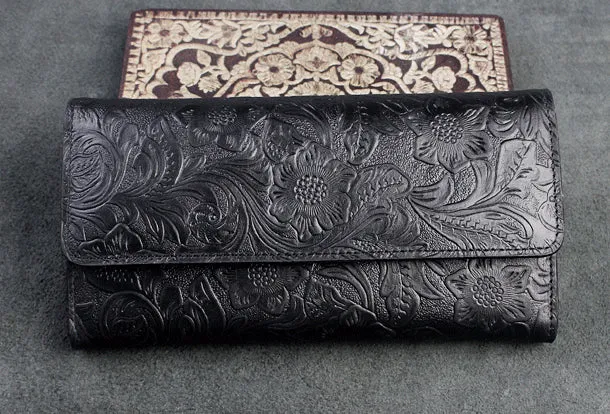 Handmade long leather wallet trifold flowral leather clutch wallet for men women