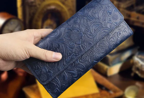 Handmade long leather wallet trifold flowral leather clutch wallet for men women