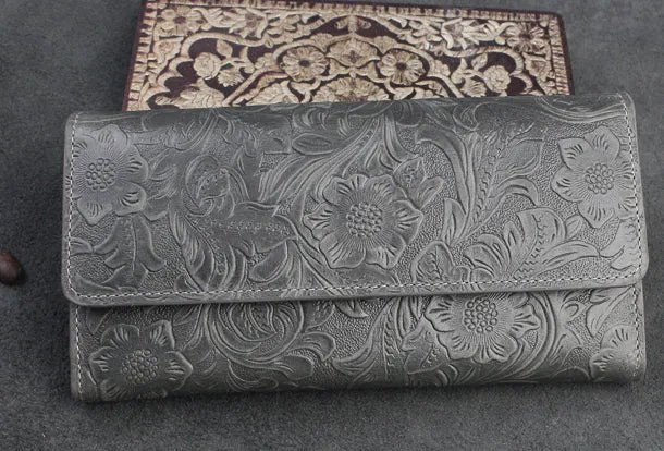Handmade long leather wallet trifold flowral leather clutch wallet for men women