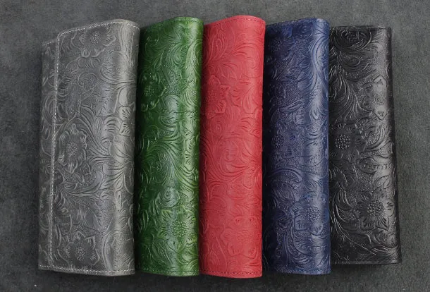 Handmade long leather wallet trifold flowral leather clutch wallet for men women