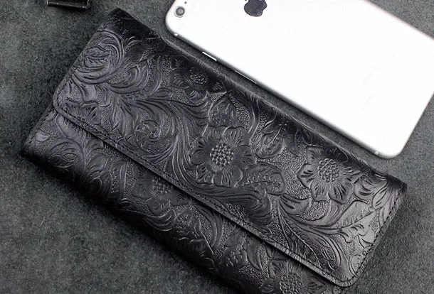 Handmade long leather wallet trifold flowral leather clutch wallet for men women
