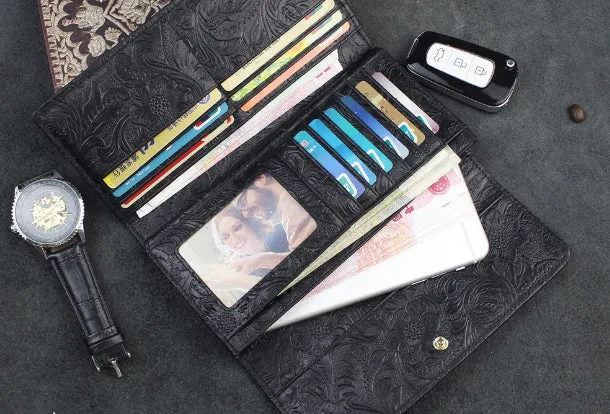 Handmade long leather wallet trifold flowral leather clutch wallet for men women