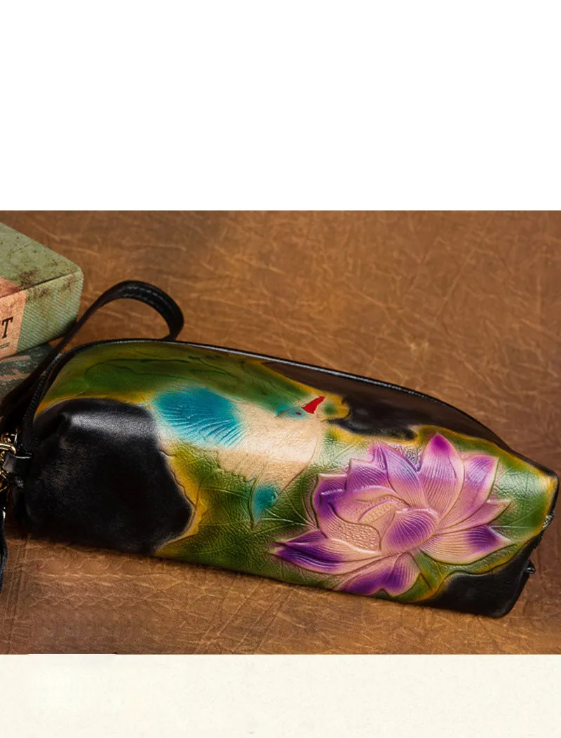 Handmade Lotus Flower Red Leather Wristlet Wallet Womens Zip Around Wallets Flowers Ladies Zipper Clutch Wallet for Women